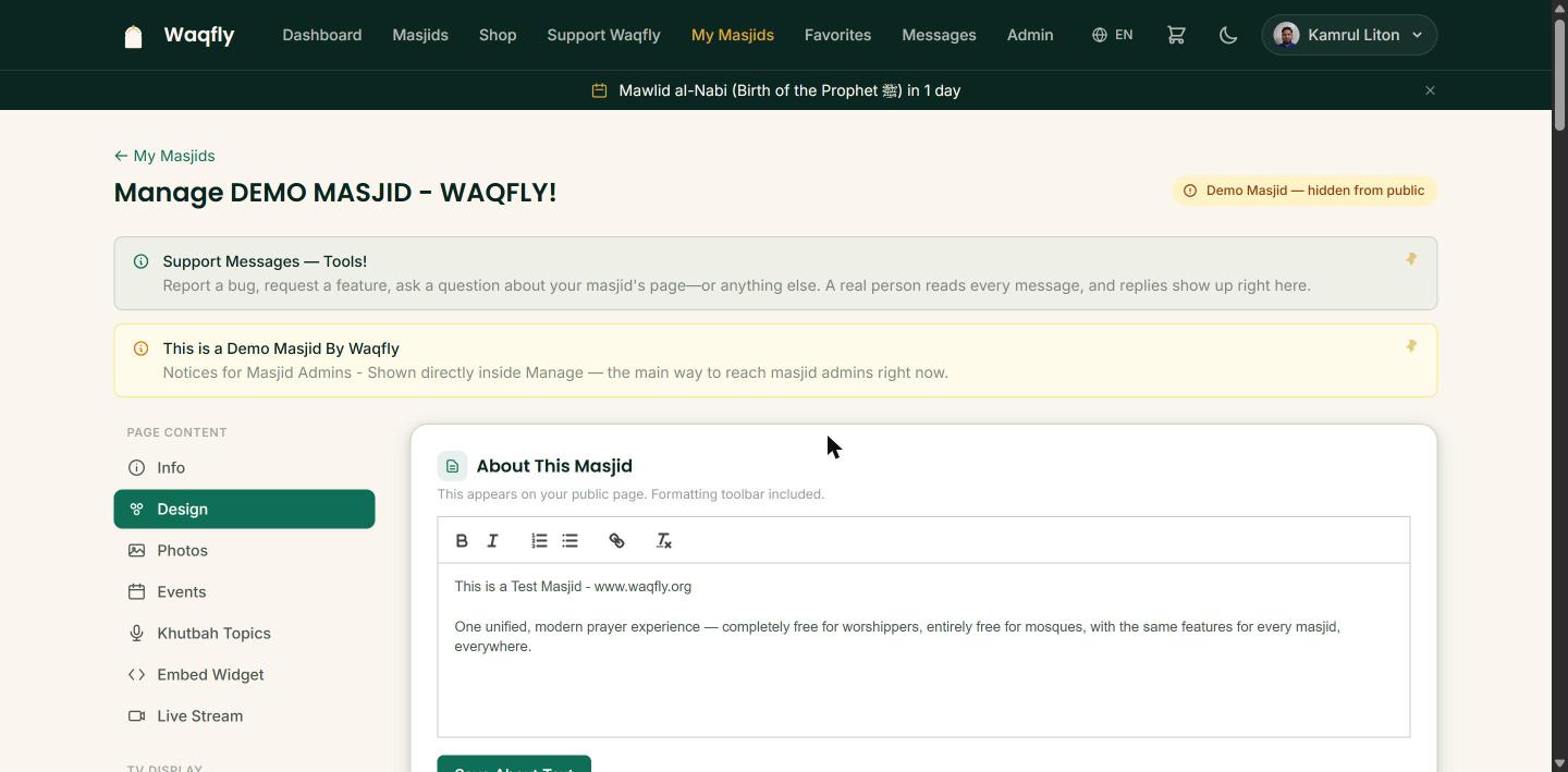 The Design tab, showing accent color options and the About description box
