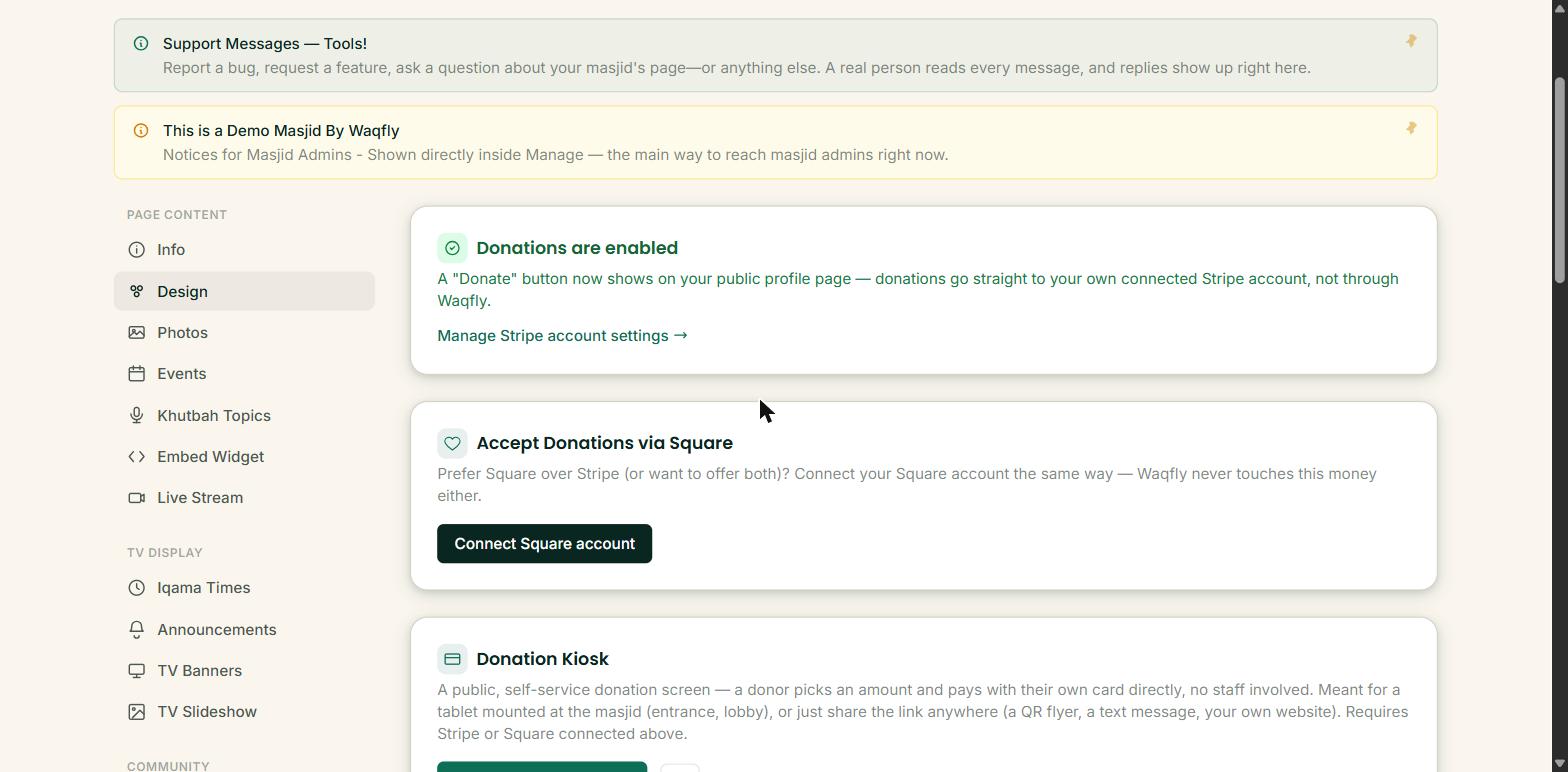 The Donations tab, showing the Donation Kiosk card with its shareable link