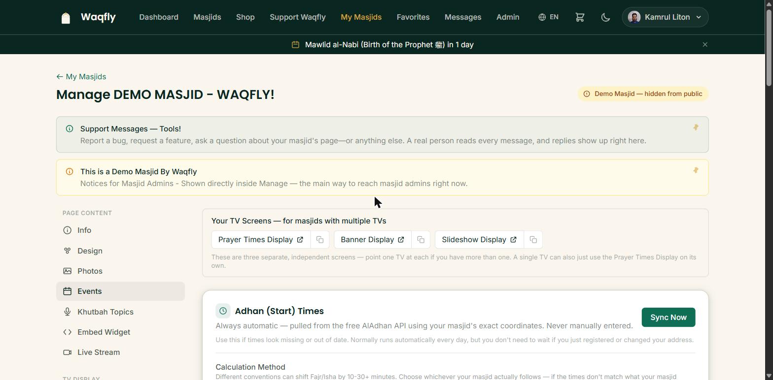 The Iqama Times tab, showing daily prayer and Iqama time settings