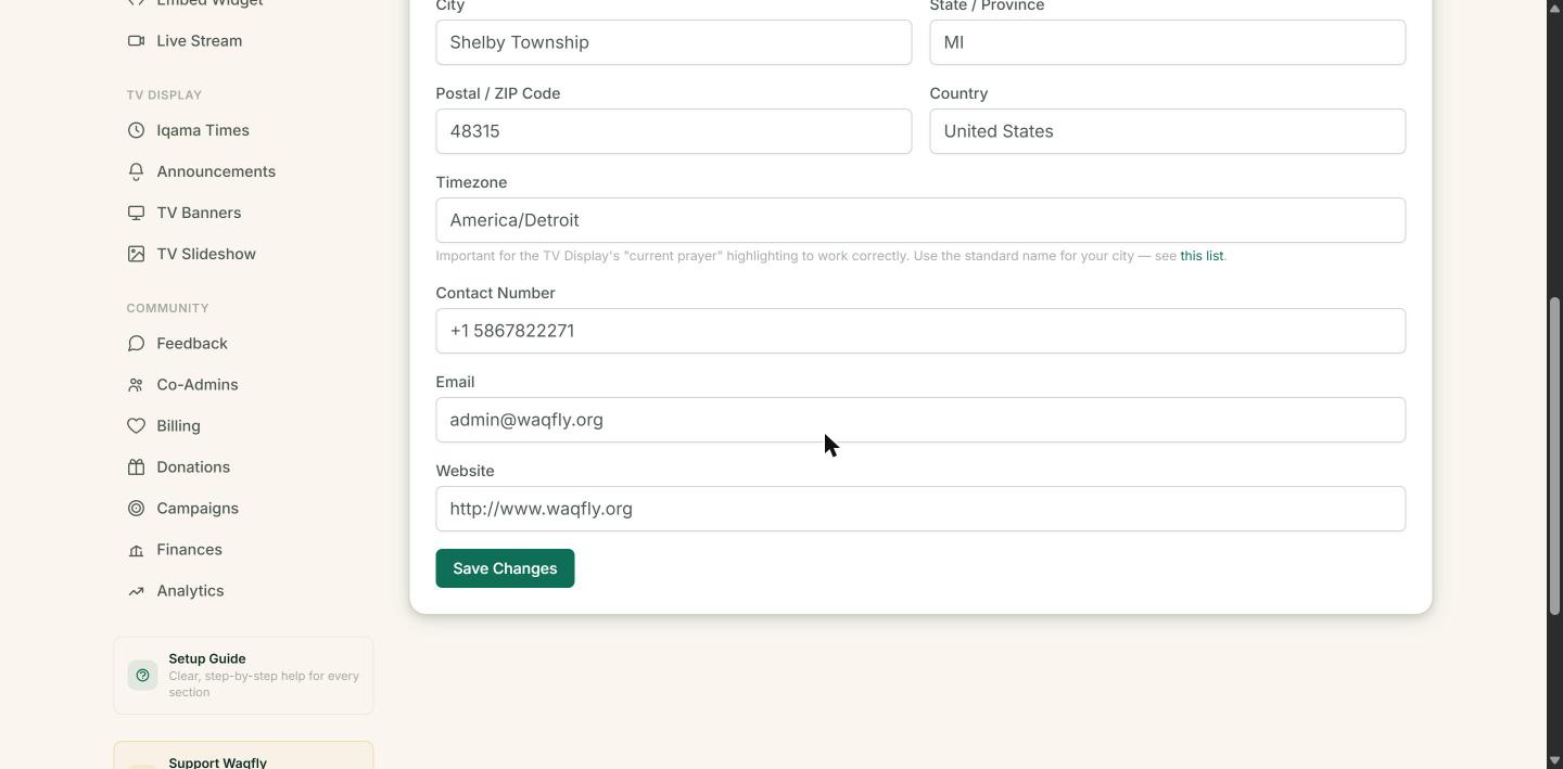 The Manage sidebar, showing the Page Content, TV Display, and Community section groups