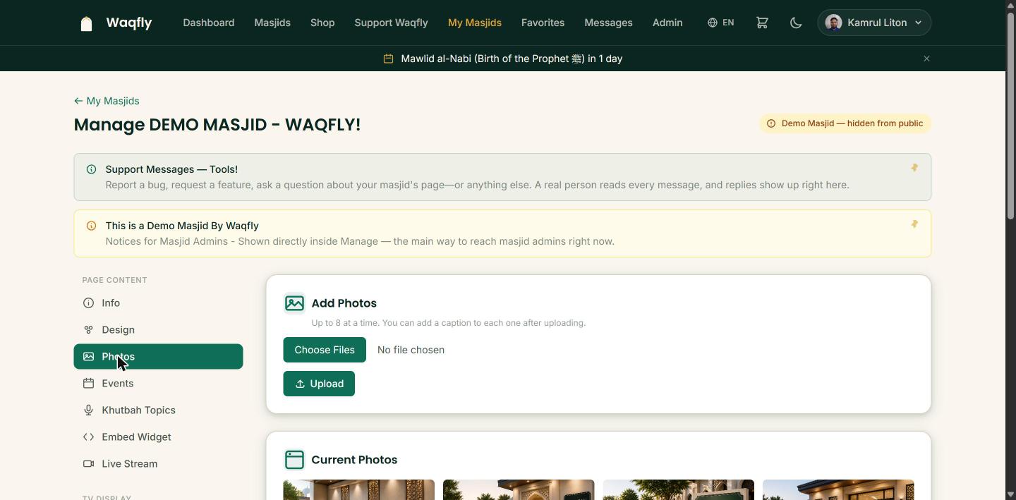 The Photos tab, showing uploaded masjid photos with captions
